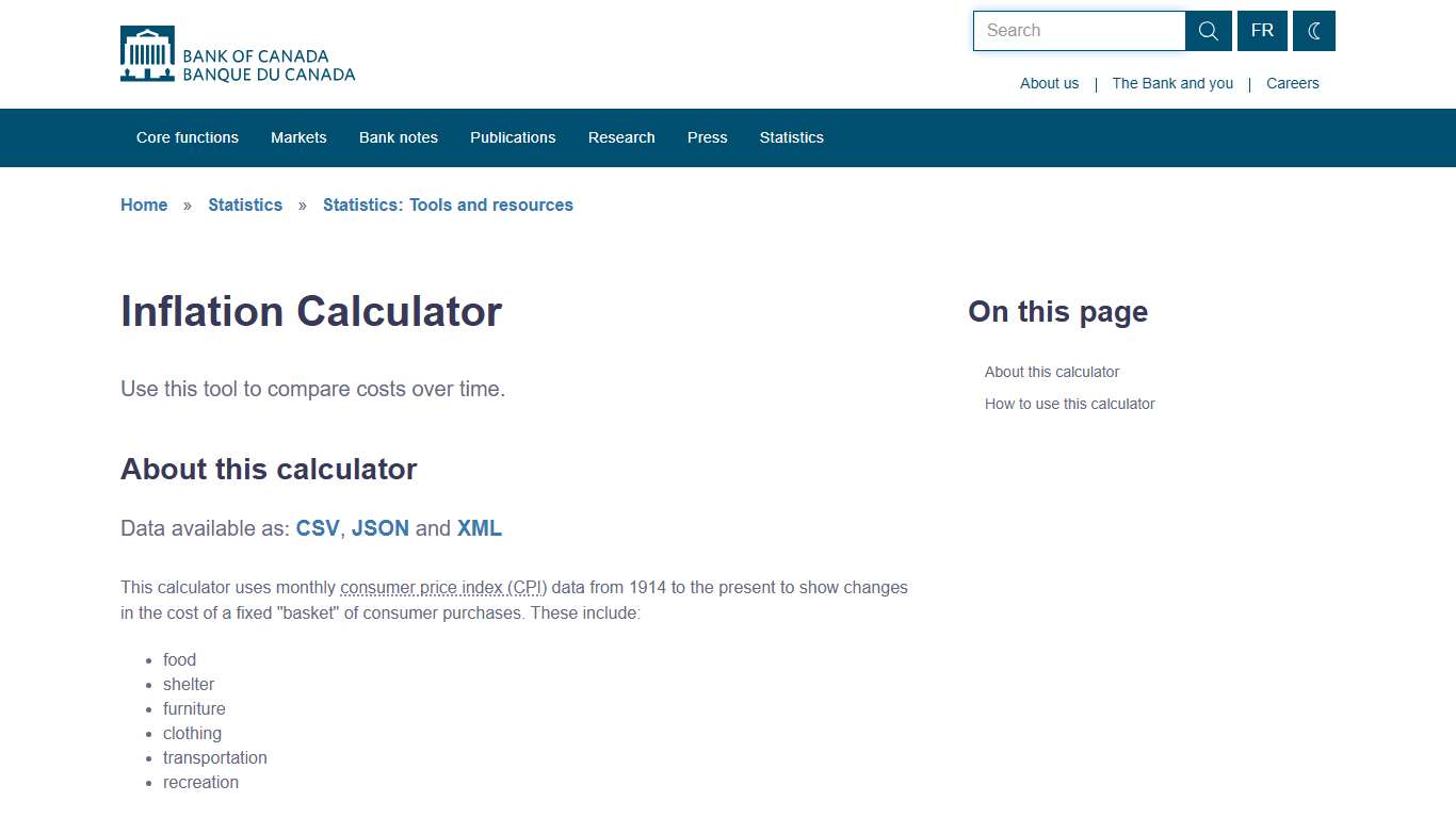Inflation Calculator - Bank of Canada